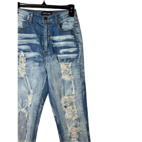 1773. FASHION NOVA BLEACH DYED SKINNY FIT‎ DENIM JEANS SIZE 9 FACTORY DISTRESSED - Picture 2 of 9